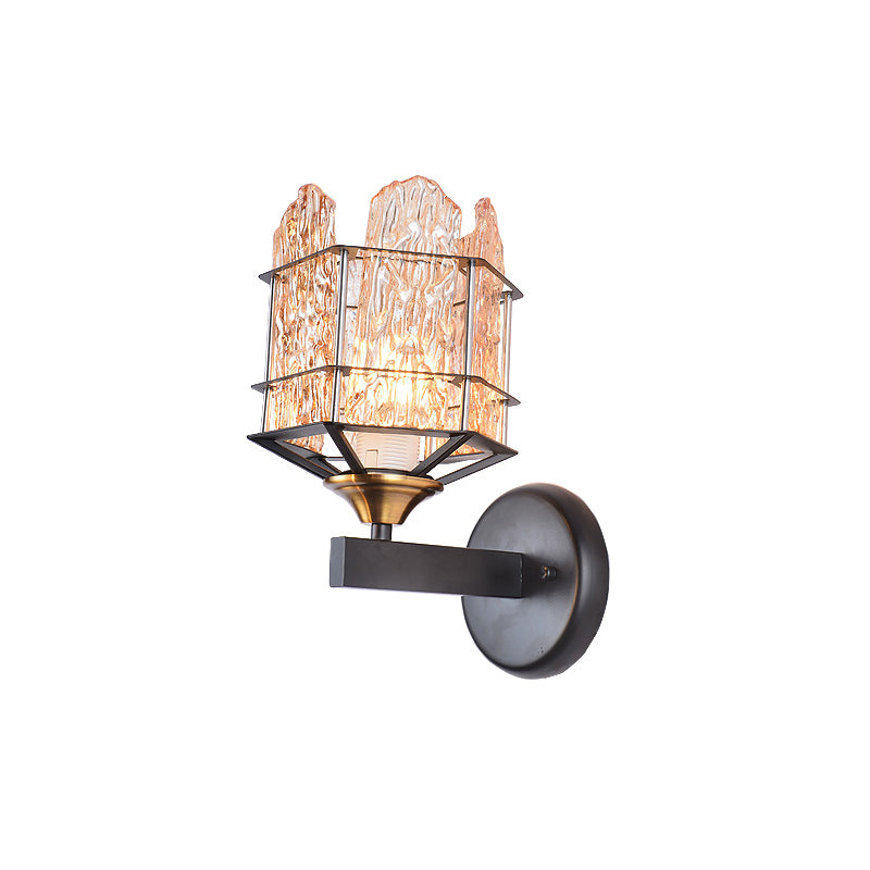 Rippled Glass Wall Light Fixture with Metal Cage Contemporary 1 Head Black Finish Flush Mount Wall Sconce Clearhalo 'Art deco wall lights' 'Industrial wall lights' 'Industrial' 'Middle century wall lights' 'Tiffany' 'Wall Lamps & Sconces' 'Wall Lights' Lighting' 259726