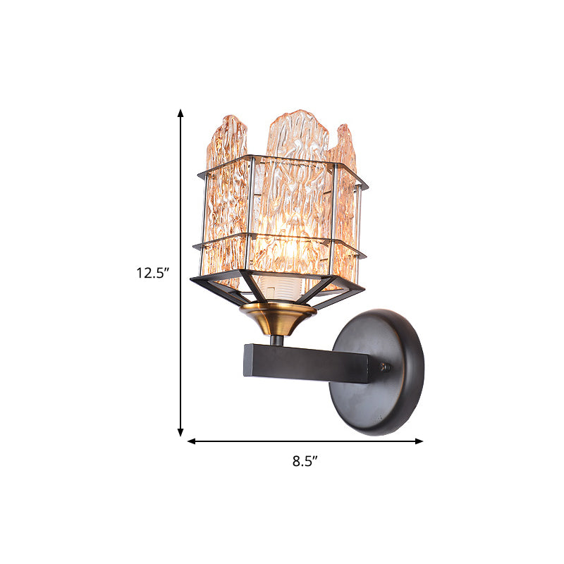 Rippled Glass Wall Light Fixture with Metal Cage Contemporary 1 Head Black Finish Flush Mount Wall Sconce Clearhalo 'Art deco wall lights' 'Industrial wall lights' 'Industrial' 'Middle century wall lights' 'Tiffany' 'Wall Lamps & Sconces' 'Wall Lights' Lighting' 259727