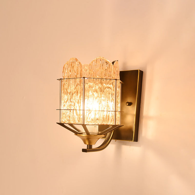 Rippled Glass Wall Light Fixture with Metal Cage Contemporary 1 Head Black Finish Flush Mount Wall Sconce Clearhalo 'Art deco wall lights' 'Industrial wall lights' 'Industrial' 'Middle century wall lights' 'Tiffany' 'Wall Lamps & Sconces' 'Wall Lights' Lighting' 259729