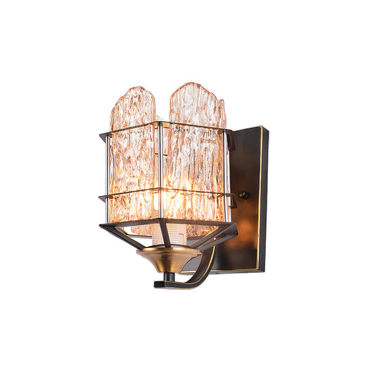 Rippled Glass Wall Light Fixture with Metal Cage Contemporary 1 Head Black Finish Flush Mount Wall Sconce Clearhalo 'Art deco wall lights' 'Industrial wall lights' 'Industrial' 'Middle century wall lights' 'Tiffany' 'Wall Lamps & Sconces' 'Wall Lights' Lighting' 259730