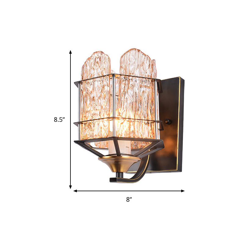 Rippled Glass Wall Light Fixture with Metal Cage Contemporary 1 Head Black Finish Flush Mount Wall Sconce Clearhalo 'Art deco wall lights' 'Industrial wall lights' 'Industrial' 'Middle century wall lights' 'Tiffany' 'Wall Lamps & Sconces' 'Wall Lights' Lighting' 259731