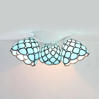 3 Heads Domed Ceiling Light Fixture with Magnolia/Leaf/Gem Pattern Vintage Stained Glass Flush Mount Ceiling Light in White White Gem Clearhalo 'Ceiling Lights' 'Close To Ceiling Lights' 'Close to ceiling' 'Glass shade' 'Glass' 'Semi-flushmount' 'Tiffany close to ceiling' 'Tiffany' Lighting' 25977