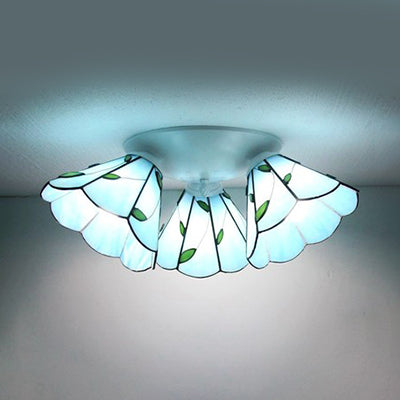 3 Heads Domed Ceiling Light Fixture with Magnolia/Leaf/Gem Pattern Vintage Stained Glass Flush Mount Ceiling Light in White White Leaf Clearhalo 'Ceiling Lights' 'Close To Ceiling Lights' 'Close to ceiling' 'Glass shade' 'Glass' 'Semi-flushmount' 'Tiffany close to ceiling' 'Tiffany' Lighting' 25978