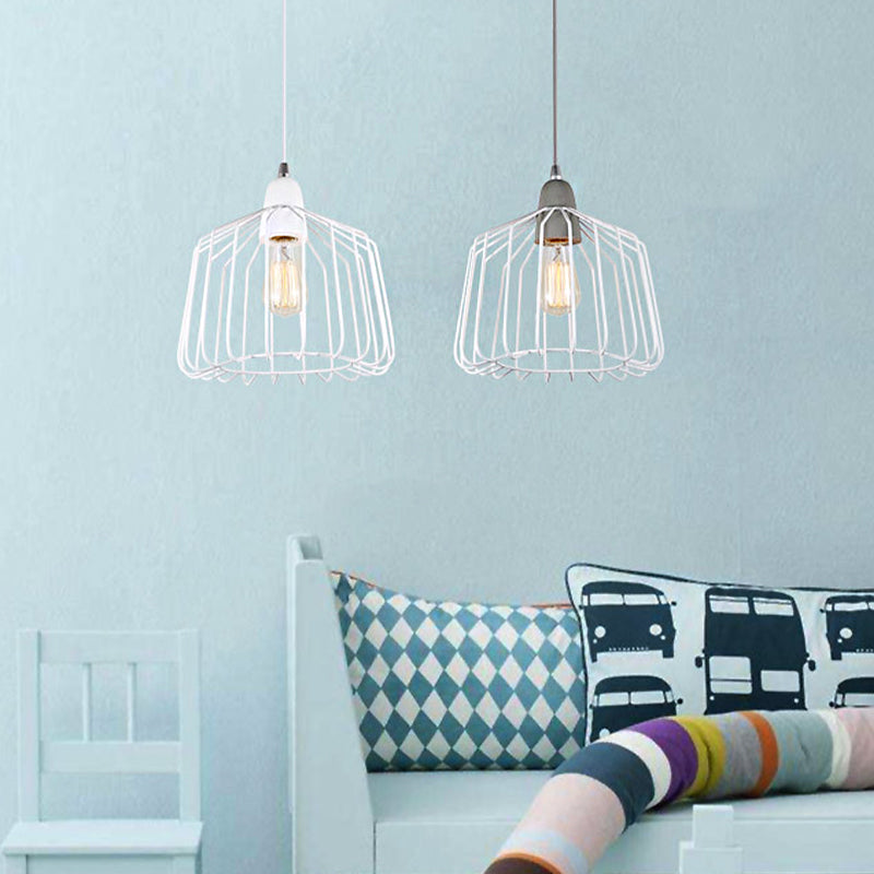 Vintage Cage Shade Light Pendant Metal Grey/White Finish 1 Light Bedroom Hanging Fixture Clearhalo 'Art Deco Pendants' 'Cast Iron' 'Ceiling Lights' 'Ceramic' 'Crystal' 'Industrial Pendants' 'Industrial' 'Metal' 'Middle Century Pendants' 'Pendant Lights' 'Pendants' 'Tiffany' Lighting' 259793