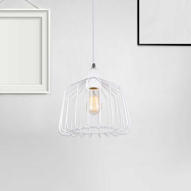 Vintage Cage Shade Light Pendant Metal Grey/White Finish 1 Light Bedroom Hanging Fixture White Clearhalo 'Art Deco Pendants' 'Cast Iron' 'Ceiling Lights' 'Ceramic' 'Crystal' 'Industrial Pendants' 'Industrial' 'Metal' 'Middle Century Pendants' 'Pendant Lights' 'Pendants' 'Tiffany' Lighting' 259796