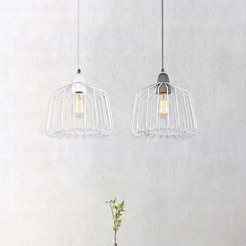 Vintage Cage Shade Light Pendant Metal Grey/White Finish 1 Light Bedroom Hanging Fixture Clearhalo 'Art Deco Pendants' 'Cast Iron' 'Ceiling Lights' 'Ceramic' 'Crystal' 'Industrial Pendants' 'Industrial' 'Metal' 'Middle Century Pendants' 'Pendant Lights' 'Pendants' 'Tiffany' Lighting' 259797