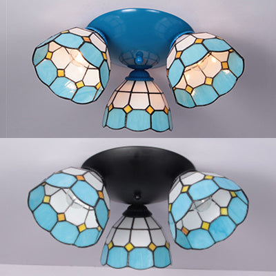 Tiffany Dome-Shaped Ceiling Fixture Stained Glass 3 Lights Flush Mount Ceiling Light in Blue/Black Finish Clearhalo 'Ceiling Lights' 'Close To Ceiling Lights' 'Close to ceiling' 'Glass shade' 'Glass' 'Semi-flushmount' 'Tiffany close to ceiling' 'Tiffany' Lighting' 25980