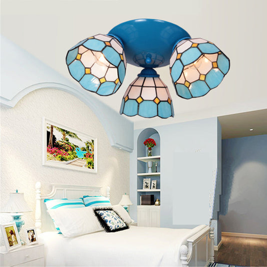 Tiffany Dome-Shaped Ceiling Fixture Stained Glass 3 Lights Flush Mount Ceiling Light in Blue/Black Finish Blue Clearhalo 'Ceiling Lights' 'Close To Ceiling Lights' 'Close to ceiling' 'Glass shade' 'Glass' 'Semi-flushmount' 'Tiffany close to ceiling' 'Tiffany' Lighting' 25983