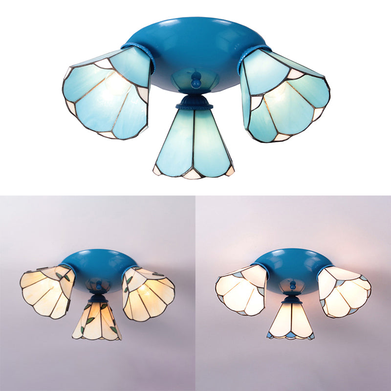 Conic Ceiling Light Fixture Vintage Stained Glass 3 Lights Ceiling Fixture in White/Blue/Beige for Bedroom Clearhalo 'Ceiling Lights' 'Chandeliers' 'Close To Ceiling Lights' 'Close to ceiling' 'Glass shade' 'Glass' 'Semi-flushmount' 'Tiffany close to ceiling' 'Tiffany' Lighting' 25984