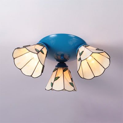 Conic Ceiling Light Fixture Vintage Stained Glass 3 Lights Ceiling Fixture in White/Blue/Beige for Bedroom Beige Clearhalo 'Ceiling Lights' 'Chandeliers' 'Close To Ceiling Lights' 'Close to ceiling' 'Glass shade' 'Glass' 'Semi-flushmount' 'Tiffany close to ceiling' 'Tiffany' Lighting' 25985