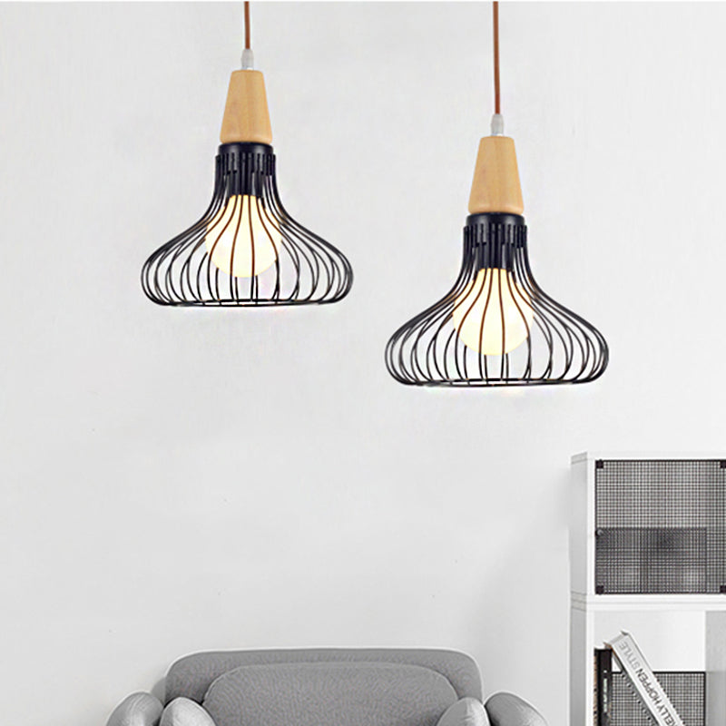 Pear/Diamond/Gourd Cage Pendant Lamp Fixture Metallic Vintage 1 Head Ceiling Hanging Light in Black Clearhalo 'Art Deco Pendants' 'Black' 'Cast Iron' 'Ceiling Lights' 'Ceramic' 'Crystal' 'Industrial Pendants' 'Industrial' 'Metal' 'Middle Century Pendants' 'Pendant Lights' 'Pendants' 'Rustic Pendants' 'Tiffany' Lighting' 259851