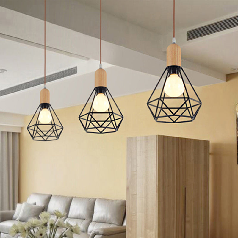 Pear/Diamond/Gourd Cage Pendant Lamp Fixture Metallic Vintage 1 Head Ceiling Hanging Light in Black Clearhalo 'Art Deco Pendants' 'Black' 'Cast Iron' 'Ceiling Lights' 'Ceramic' 'Crystal' 'Industrial Pendants' 'Industrial' 'Metal' 'Middle Century Pendants' 'Pendant Lights' 'Pendants' 'Rustic Pendants' 'Tiffany' Lighting' 259856