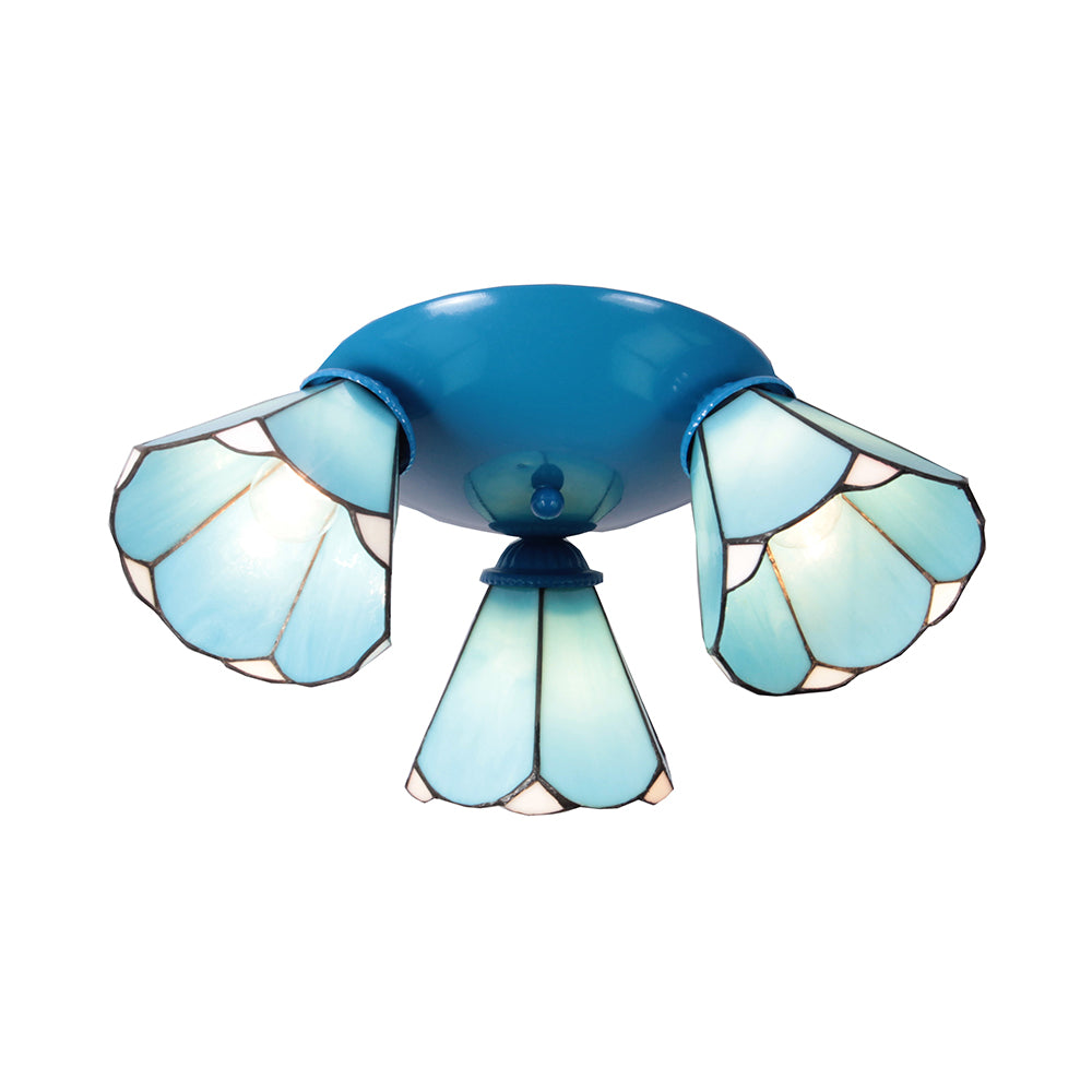 Conic Ceiling Light Fixture Vintage Stained Glass 3 Lights Ceiling Fixture in White/Blue/Beige for Bedroom Blue Clearhalo 'Ceiling Lights' 'Chandeliers' 'Close To Ceiling Lights' 'Close to ceiling' 'Glass shade' 'Glass' 'Semi-flushmount' 'Tiffany close to ceiling' 'Tiffany' Lighting' 25986