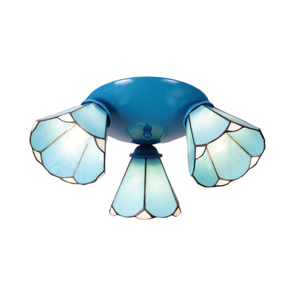 Conic Ceiling Light Fixture Vintage Stained Glass 3 Lights Ceiling Fixture in White/Blue/Beige for Bedroom Blue Clearhalo 'Ceiling Lights' 'Chandeliers' 'Close To Ceiling Lights' 'Close to ceiling' 'Glass shade' 'Glass' 'Semi-flushmount' 'Tiffany close to ceiling' 'Tiffany' Lighting' 25986