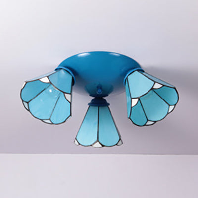 Conic Ceiling Light Fixture Vintage Stained Glass 3 Lights Ceiling Fixture in White/Blue/Beige for Bedroom Clearhalo 'Ceiling Lights' 'Chandeliers' 'Close To Ceiling Lights' 'Close to ceiling' 'Glass shade' 'Glass' 'Semi-flushmount' 'Tiffany close to ceiling' 'Tiffany' Lighting' 25987
