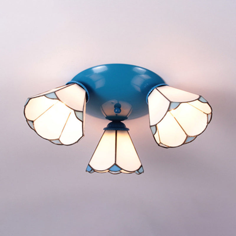 Conic Ceiling Light Fixture Vintage Stained Glass 3 Lights Ceiling Fixture in White/Blue/Beige for Bedroom White Clearhalo 'Ceiling Lights' 'Chandeliers' 'Close To Ceiling Lights' 'Close to ceiling' 'Glass shade' 'Glass' 'Semi-flushmount' 'Tiffany close to ceiling' 'Tiffany' Lighting' 25988