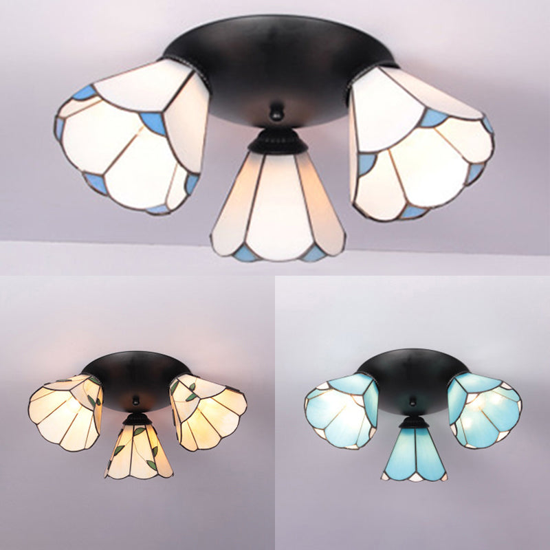 Conic Shape Ceiling Light Tiffany Stained Glass 3 Lights Ceiling Fixture in White/Blue/Beige for Living Room Clearhalo 'Ceiling Lights' 'Close To Ceiling Lights' 'Close to ceiling' 'Glass shade' 'Glass' 'Semi-flushmount' 'Tiffany close to ceiling' 'Tiffany' Lighting' 25989