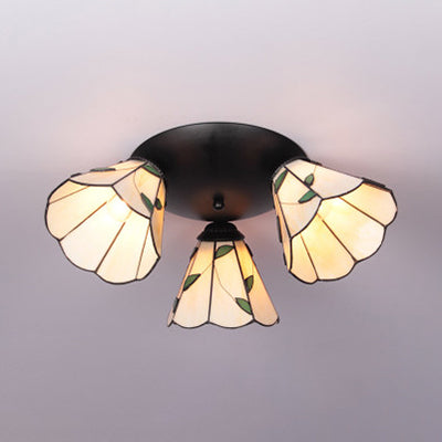 Conic Shape Ceiling Light Tiffany Stained Glass 3 Lights Ceiling Fixture in White/Blue/Beige for Living Room Beige Clearhalo 'Ceiling Lights' 'Close To Ceiling Lights' 'Close to ceiling' 'Glass shade' 'Glass' 'Semi-flushmount' 'Tiffany close to ceiling' 'Tiffany' Lighting' 25990