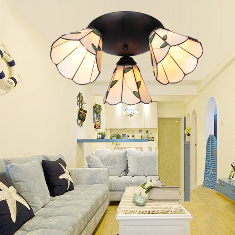 Conic Shape Ceiling Light Tiffany Stained Glass 3 Lights Ceiling Fixture in White/Blue/Beige for Living Room Clearhalo 'Ceiling Lights' 'Close To Ceiling Lights' 'Close to ceiling' 'Glass shade' 'Glass' 'Semi-flushmount' 'Tiffany close to ceiling' 'Tiffany' Lighting' 25991