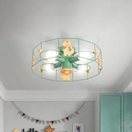 Drum Cage Shade Semi Mount Lighting Cartoon Metal 4 Lights Ceiling Lamp with Dinosaur Decoration in Green Finish Clearhalo 'Ceiling Lights' 'Close To Ceiling Lights' 'Close to ceiling' 'Semi-flushmount' Lighting' 259912