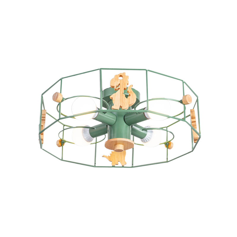 Drum Cage Shade Semi Mount Lighting Cartoon Metal 4 Lights Ceiling Lamp with Dinosaur Decoration in Green Finish Clearhalo 'Ceiling Lights' 'Close To Ceiling Lights' 'Close to ceiling' 'Semi-flushmount' Lighting' 259913
