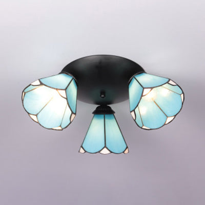 Conic Shape Ceiling Light Tiffany Stained Glass 3 Lights Ceiling Fixture in White/Blue/Beige for Living Room Blue Clearhalo 'Ceiling Lights' 'Close To Ceiling Lights' 'Close to ceiling' 'Glass shade' 'Glass' 'Semi-flushmount' 'Tiffany close to ceiling' 'Tiffany' Lighting' 25992