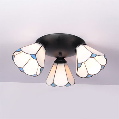 Conic Shape Ceiling Light Tiffany Stained Glass 3 Lights Ceiling Fixture in White/Blue/Beige for Living Room White Clearhalo 'Ceiling Lights' 'Close To Ceiling Lights' 'Close to ceiling' 'Glass shade' 'Glass' 'Semi-flushmount' 'Tiffany close to ceiling' 'Tiffany' Lighting' 25993