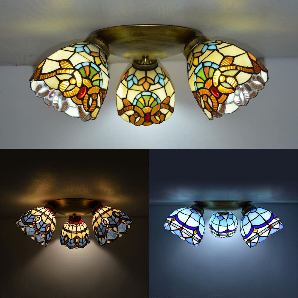 Dome Shade Ceiling Fixture with Victorian/ Mediterranean/Baroque Pattern Vintage Stained Glass 3 Lights Flush Mount Ceiling Fixture Clearhalo 'Ceiling Lights' 'Close To Ceiling Lights' 'Close to ceiling' 'Glass shade' 'Glass' 'Semi-flushmount' Lighting' 25998