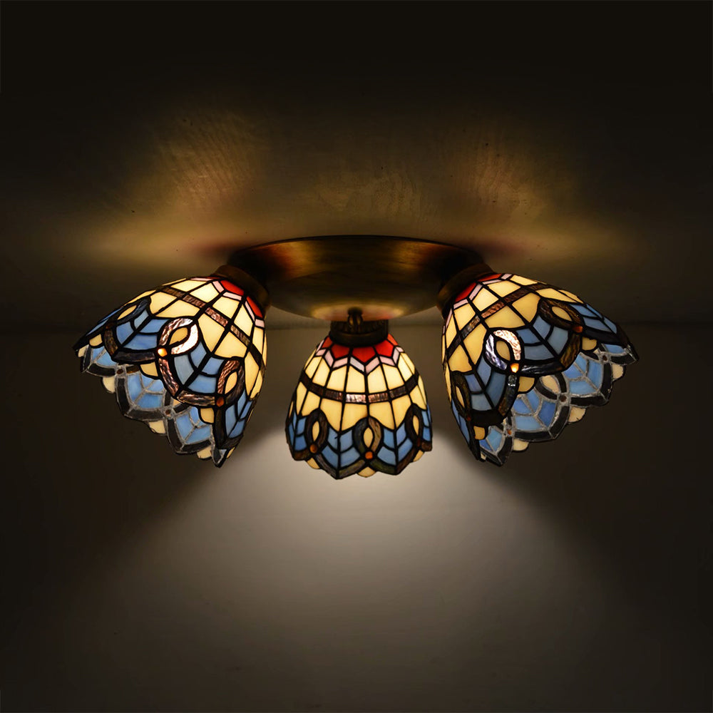 Dome Shade Ceiling Fixture with Victorian/ Mediterranean/Baroque Pattern Vintage Stained Glass 3 Lights Flush Mount Ceiling Fixture Brass Baroque Clearhalo 'Ceiling Lights' 'Close To Ceiling Lights' 'Close to ceiling' 'Glass shade' 'Glass' 'Semi-flushmount' Lighting' 25999