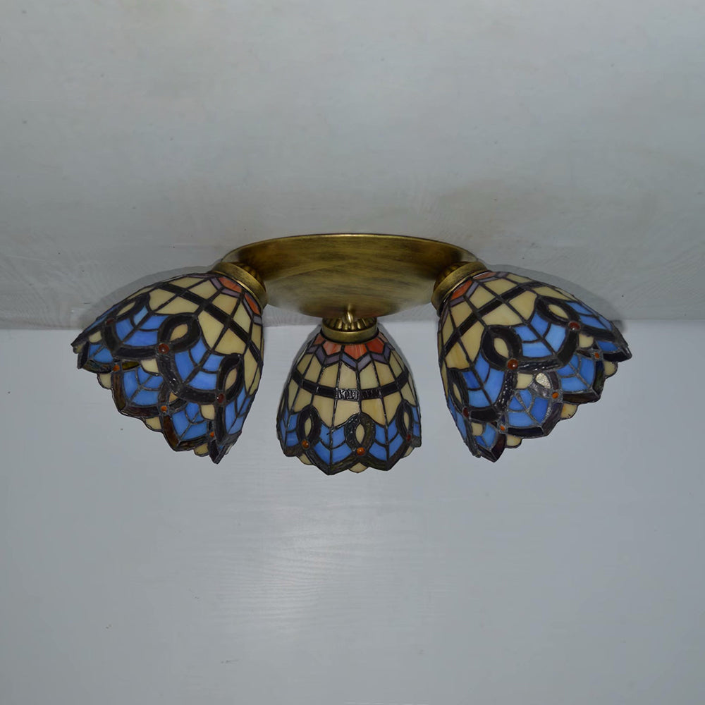 Dome Shade Ceiling Fixture with Victorian/ Mediterranean/Baroque Pattern Vintage Stained Glass 3 Lights Flush Mount Ceiling Fixture Clearhalo 'Ceiling Lights' 'Close To Ceiling Lights' 'Close to ceiling' 'Glass shade' 'Glass' 'Semi-flushmount' Lighting' 26000