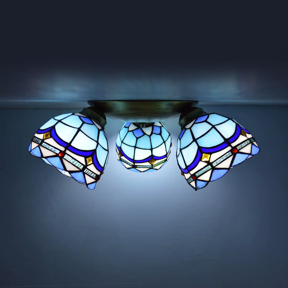 Dome Shade Ceiling Fixture with Victorian/ Mediterranean/Baroque Pattern Vintage Stained Glass 3 Lights Flush Mount Ceiling Fixture Brass Mediterranean Clearhalo 'Ceiling Lights' 'Close To Ceiling Lights' 'Close to ceiling' 'Glass shade' 'Glass' 'Semi-flushmount' Lighting' 26001