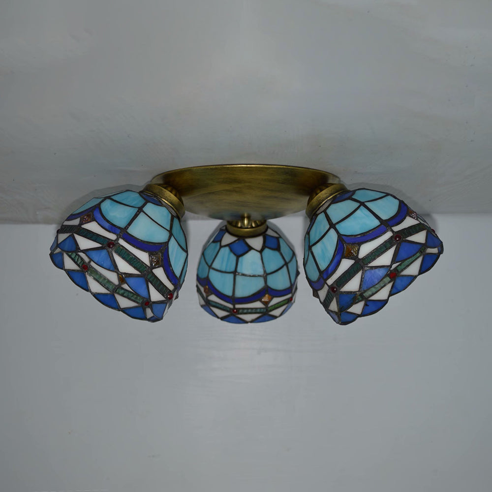 Dome Shade Ceiling Fixture with Victorian/ Mediterranean/Baroque Pattern Vintage Stained Glass 3 Lights Flush Mount Ceiling Fixture Clearhalo 'Ceiling Lights' 'Close To Ceiling Lights' 'Close to ceiling' 'Glass shade' 'Glass' 'Semi-flushmount' Lighting' 26002
