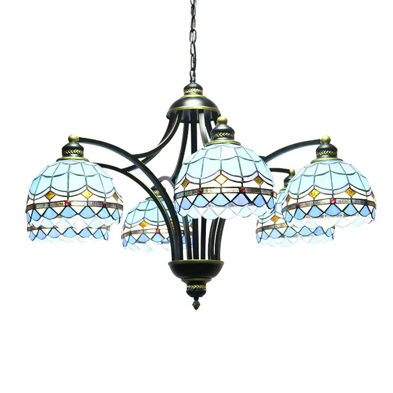 Blue Stained Glass Tiffany Chandelier 6-light 23.5" Wide Living Room Hanging Light with Adjustable Chain Clearhalo 'Ceiling Lights' 'Chandeliers' 'Industrial' 'Middle Century Chandeliers' 'Tiffany Chandeliers' 'Tiffany close to ceiling' 'Tiffany' Lighting' 2600228