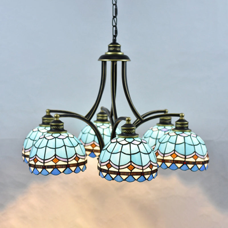 Blue Stained Glass Tiffany Chandelier 6-light 23.5" Wide Living Room Hanging Light with Adjustable Chain Blue 8" Clearhalo 'Ceiling Lights' 'Chandeliers' 'Industrial' 'Middle Century Chandeliers' 'Tiffany Chandeliers' 'Tiffany close to ceiling' 'Tiffany' Lighting' 2600229
