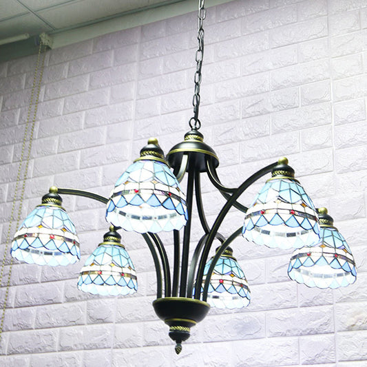 Blue Stained Glass Tiffany Chandelier 6-light 23.5" Wide Living Room Hanging Light with Adjustable Chain Blue 6" Clearhalo 'Ceiling Lights' 'Chandeliers' 'Industrial' 'Middle Century Chandeliers' 'Tiffany Chandeliers' 'Tiffany close to ceiling' 'Tiffany' Lighting' 2600230