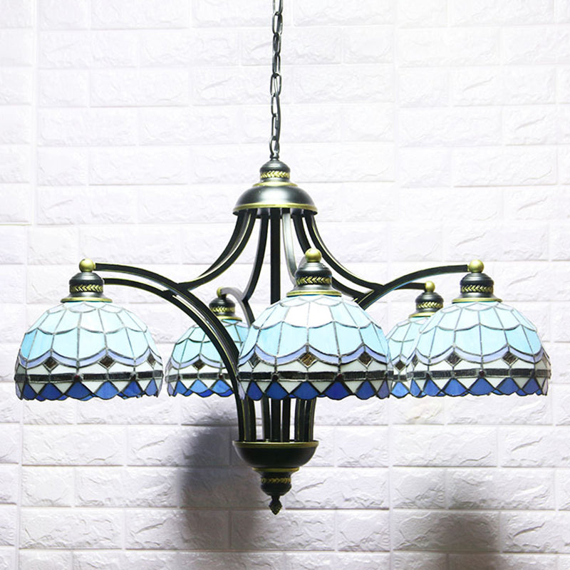 Blue Stained Glass Tiffany Chandelier 6-light 23.5" Wide Living Room Hanging Light with Adjustable Chain Clearhalo 'Ceiling Lights' 'Chandeliers' 'Industrial' 'Middle Century Chandeliers' 'Tiffany Chandeliers' 'Tiffany close to ceiling' 'Tiffany' Lighting' 2600231
