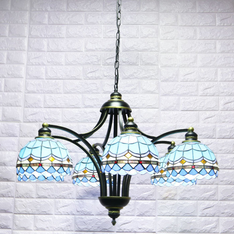 Blue Stained Glass Tiffany Chandelier 6-light 23.5" Wide Living Room Hanging Light with Adjustable Chain Clearhalo 'Ceiling Lights' 'Chandeliers' 'Industrial' 'Middle Century Chandeliers' 'Tiffany Chandeliers' 'Tiffany close to ceiling' 'Tiffany' Lighting' 2600232