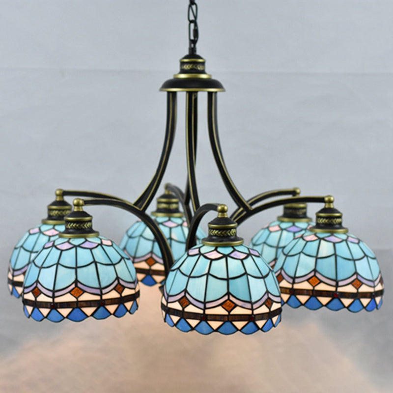Blue Stained Glass Tiffany Chandelier 6-light 23.5" Wide Living Room Hanging Light with Adjustable Chain Clearhalo 'Ceiling Lights' 'Chandeliers' 'Industrial' 'Middle Century Chandeliers' 'Tiffany Chandeliers' 'Tiffany close to ceiling' 'Tiffany' Lighting' 2600233