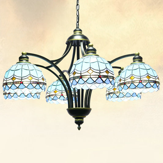 Blue Stained Glass Tiffany Chandelier 6-light 23.5" Wide Living Room Hanging Light with Adjustable Chain Clearhalo 'Ceiling Lights' 'Chandeliers' 'Industrial' 'Middle Century Chandeliers' 'Tiffany Chandeliers' 'Tiffany close to ceiling' 'Tiffany' Lighting' 2600234