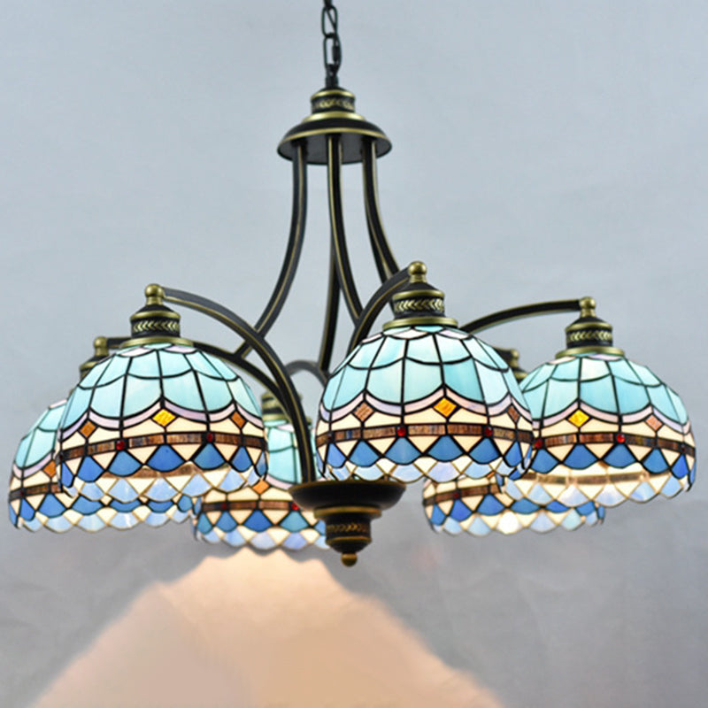 Blue Stained Glass Tiffany Chandelier 6-light 23.5" Wide Living Room Hanging Light with Adjustable Chain Clearhalo 'Ceiling Lights' 'Chandeliers' 'Industrial' 'Middle Century Chandeliers' 'Tiffany Chandeliers' 'Tiffany close to ceiling' 'Tiffany' Lighting' 2600235