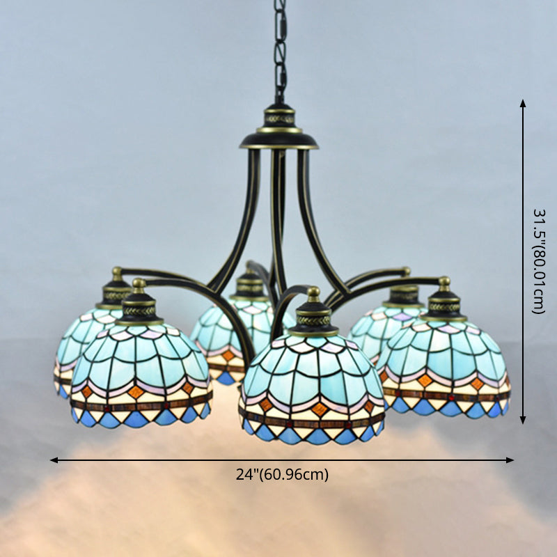 Blue Stained Glass Tiffany Chandelier 6-light 23.5" Wide Living Room Hanging Light with Adjustable Chain Clearhalo 'Ceiling Lights' 'Chandeliers' 'Industrial' 'Middle Century Chandeliers' 'Tiffany Chandeliers' 'Tiffany close to ceiling' 'Tiffany' Lighting' 2600236