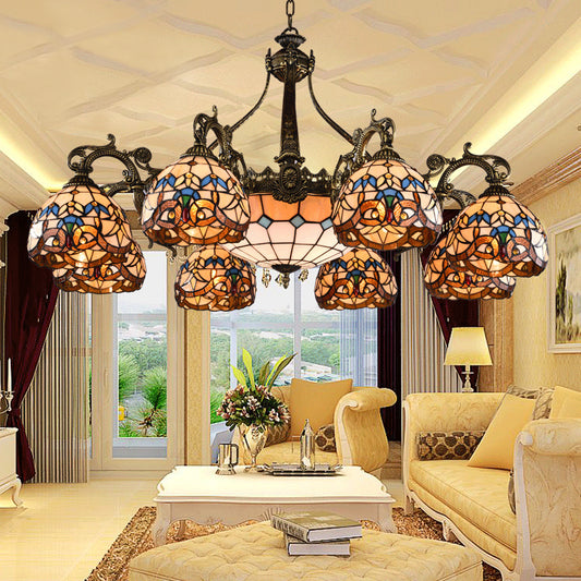 Retro Mediterranean Style Tiffany Hanging Lamp Baroque Stained Glass Shade Chandelier in Aged Aluminum Treatment Clearhalo 'Ceiling Lights' 'Chandeliers' 'Close To Ceiling Lights' 'Industrial' 'Middle Century Chandeliers' 'Tiffany Chandeliers' 'Tiffany close to ceiling' 'Tiffany' Lighting' 2600238
