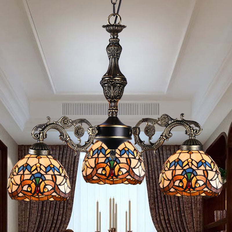 Retro Mediterranean Style Tiffany Hanging Lamp Baroque Stained Glass Shade Chandelier in Aged Aluminum Treatment 3 Brown Down Clearhalo 'Ceiling Lights' 'Chandeliers' 'Close To Ceiling Lights' 'Industrial' 'Middle Century Chandeliers' 'Tiffany Chandeliers' 'Tiffany close to ceiling' 'Tiffany' Lighting' 2600240