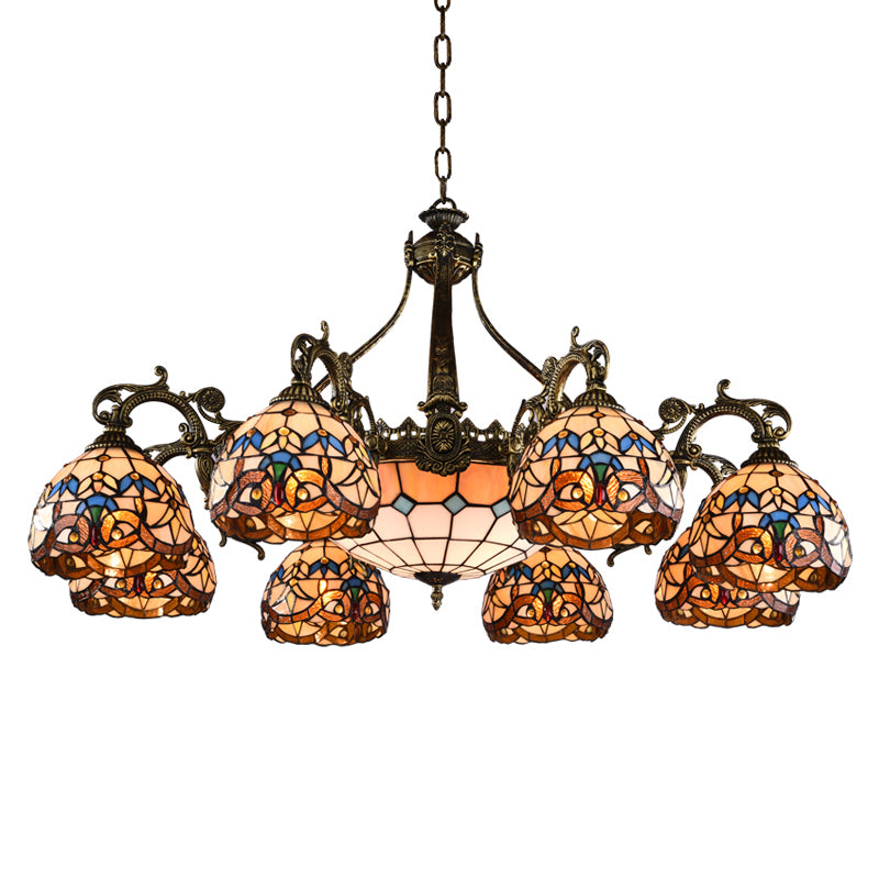 Retro Mediterranean Style Tiffany Hanging Lamp Baroque Stained Glass Shade Chandelier in Aged Aluminum Treatment Clearhalo 'Ceiling Lights' 'Chandeliers' 'Close To Ceiling Lights' 'Industrial' 'Middle Century Chandeliers' 'Tiffany Chandeliers' 'Tiffany close to ceiling' 'Tiffany' Lighting' 2600241