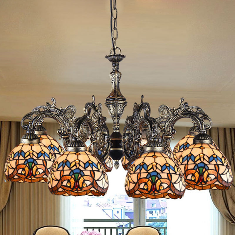 Retro Mediterranean Style Tiffany Hanging Lamp Baroque Stained Glass Shade Chandelier in Aged Aluminum Treatment 8 Brown Down Clearhalo 'Ceiling Lights' 'Chandeliers' 'Close To Ceiling Lights' 'Industrial' 'Middle Century Chandeliers' 'Tiffany Chandeliers' 'Tiffany close to ceiling' 'Tiffany' Lighting' 2600242