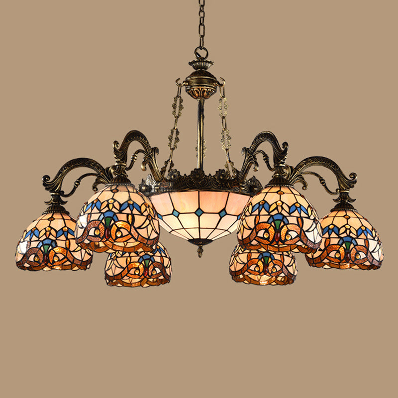 Retro Mediterranean Style Tiffany Hanging Lamp Baroque Stained Glass Shade Chandelier in Aged Aluminum Treatment Clearhalo 'Ceiling Lights' 'Chandeliers' 'Close To Ceiling Lights' 'Industrial' 'Middle Century Chandeliers' 'Tiffany Chandeliers' 'Tiffany close to ceiling' 'Tiffany' Lighting' 2600243