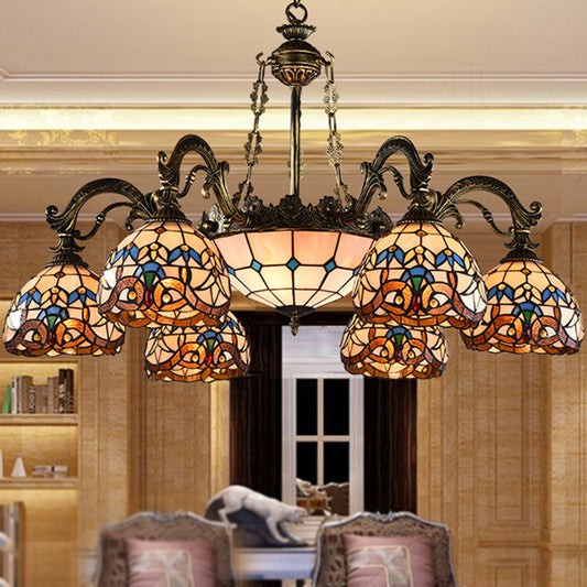 Retro Mediterranean Style Tiffany Hanging Lamp Baroque Stained Glass Shade Chandelier in Aged Aluminum Treatment 7 Brown Down Clearhalo 'Ceiling Lights' 'Chandeliers' 'Close To Ceiling Lights' 'Industrial' 'Middle Century Chandeliers' 'Tiffany Chandeliers' 'Tiffany close to ceiling' 'Tiffany' Lighting' 2600244