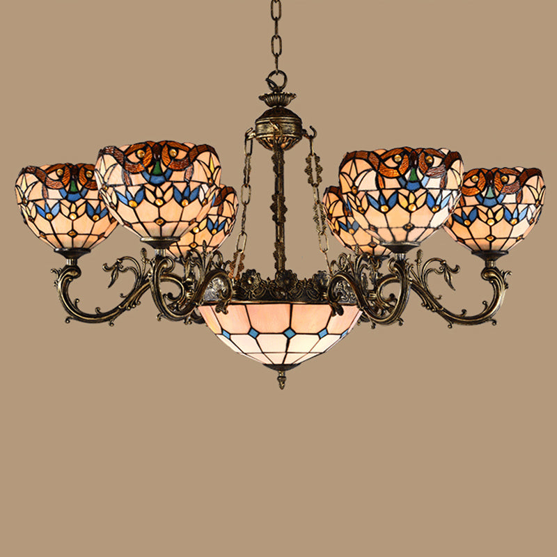 Retro Mediterranean Style Tiffany Hanging Lamp Baroque Stained Glass Shade Chandelier in Aged Aluminum Treatment Clearhalo 'Ceiling Lights' 'Chandeliers' 'Close To Ceiling Lights' 'Industrial' 'Middle Century Chandeliers' 'Tiffany Chandeliers' 'Tiffany close to ceiling' 'Tiffany' Lighting' 2600245