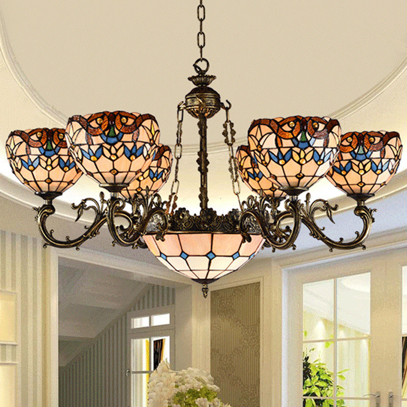 Retro Mediterranean Style Tiffany Hanging Lamp Baroque Stained Glass Shade Chandelier in Aged Aluminum Treatment 7 Brown Up Clearhalo 'Ceiling Lights' 'Chandeliers' 'Close To Ceiling Lights' 'Industrial' 'Middle Century Chandeliers' 'Tiffany Chandeliers' 'Tiffany close to ceiling' 'Tiffany' Lighting' 2600246