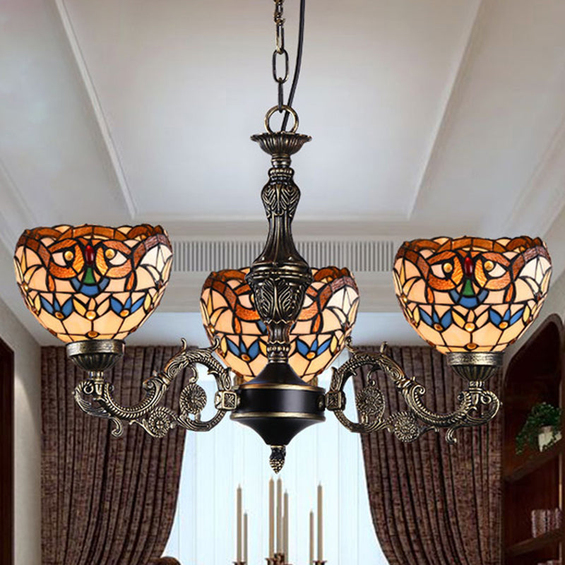 Retro Mediterranean Style Tiffany Hanging Lamp Baroque Stained Glass Shade Chandelier in Aged Aluminum Treatment 3 Brown Up Clearhalo 'Ceiling Lights' 'Chandeliers' 'Close To Ceiling Lights' 'Industrial' 'Middle Century Chandeliers' 'Tiffany Chandeliers' 'Tiffany close to ceiling' 'Tiffany' Lighting' 2600248